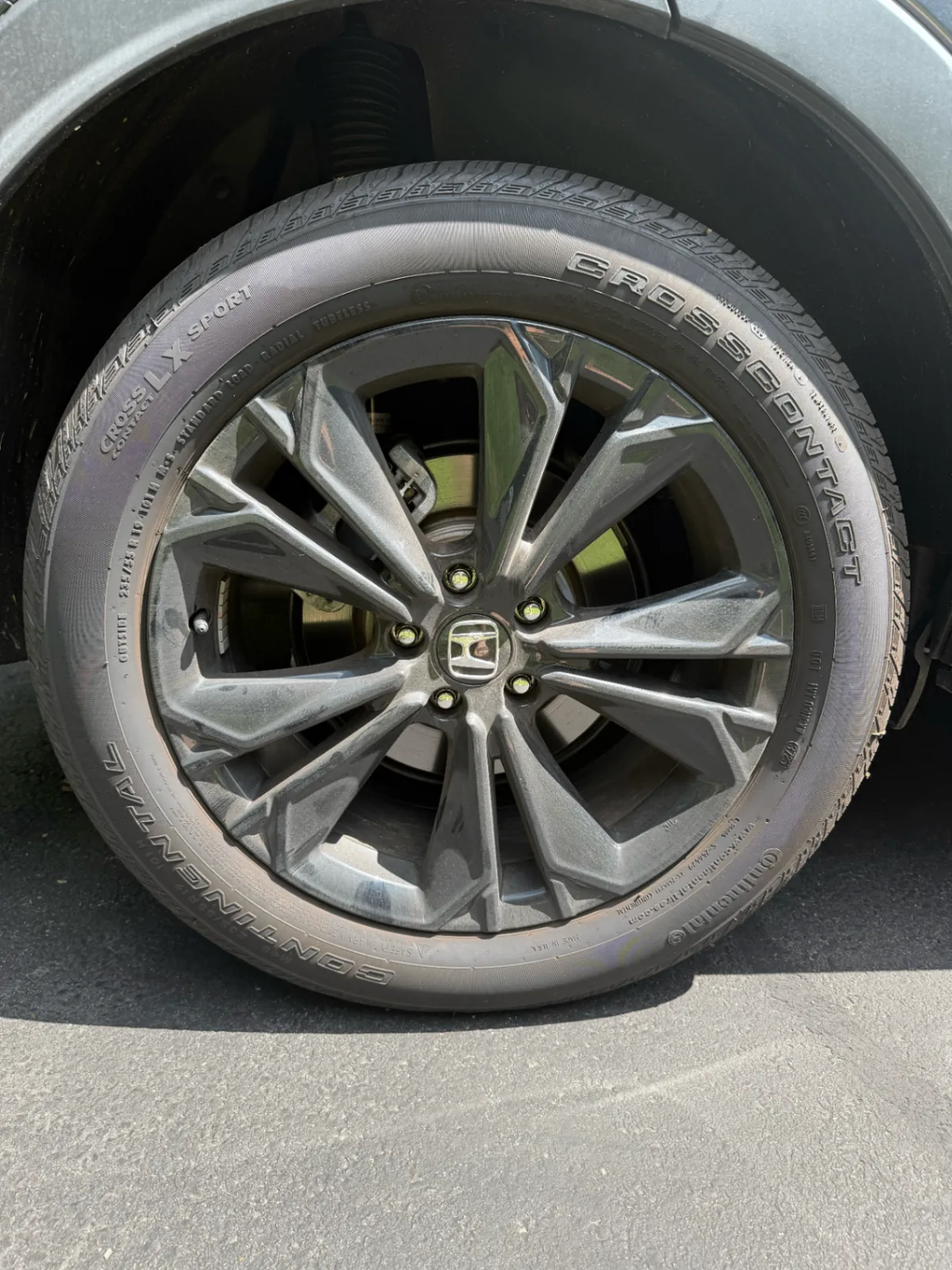Dirty alloy wheel and tire coated in brake dust before Bluefin detailing